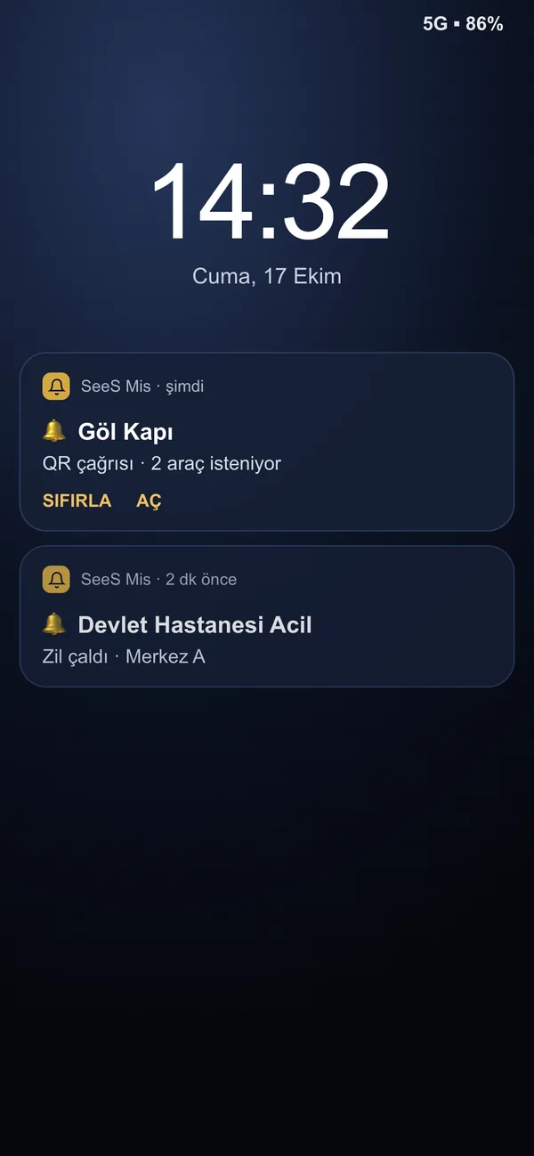 SeeS Mis kilit ekranı bildirimi: Göl Kapı zilinden QR çağrısı, 2 araç