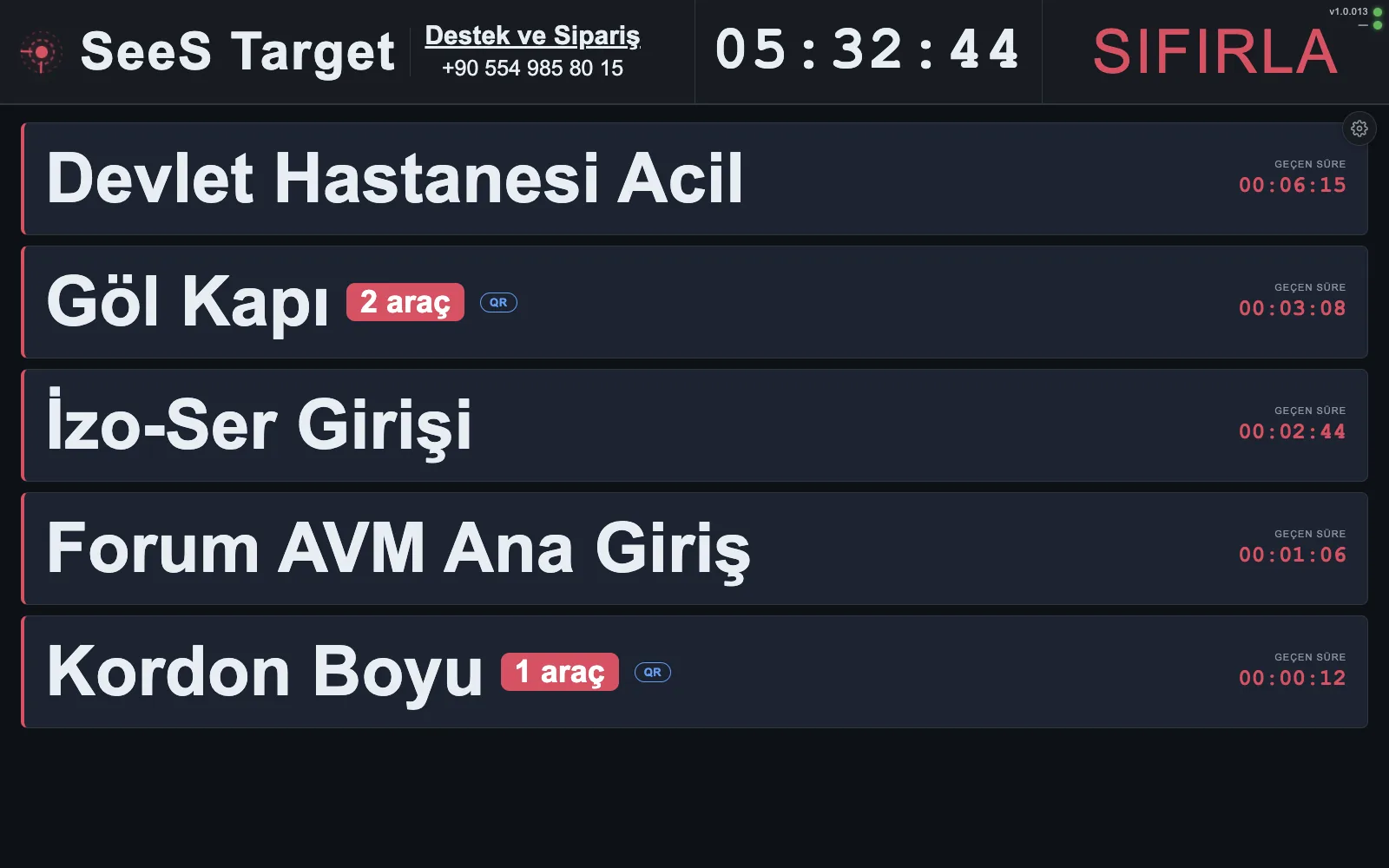 SeeS Target ana ekranı: dört aktif çağrı, geçen süreleri ve QR ile istenen araç sayısı